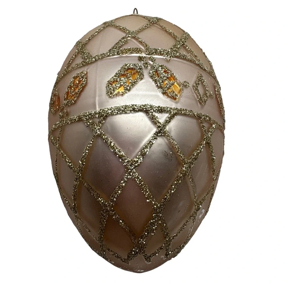 Champagne Pink‎ Blown Glass Egg Christmas Ornament Gold Glitter Trellis 4